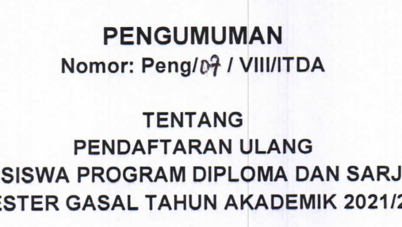 Pendaftaran Ulang Mahasiswa Program Diploma dan Sarjana